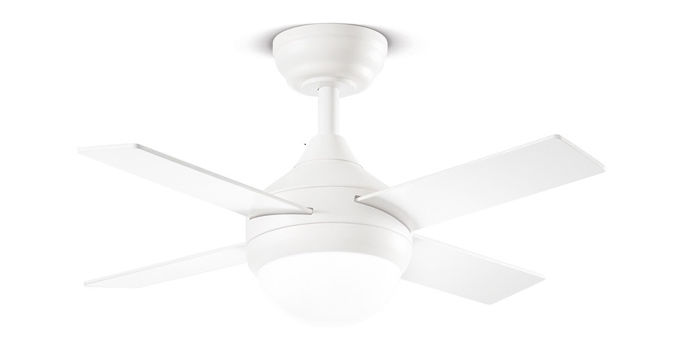 Ventilatore in metallo bianco con luce LED 4 pale in legno Ø 80cm
